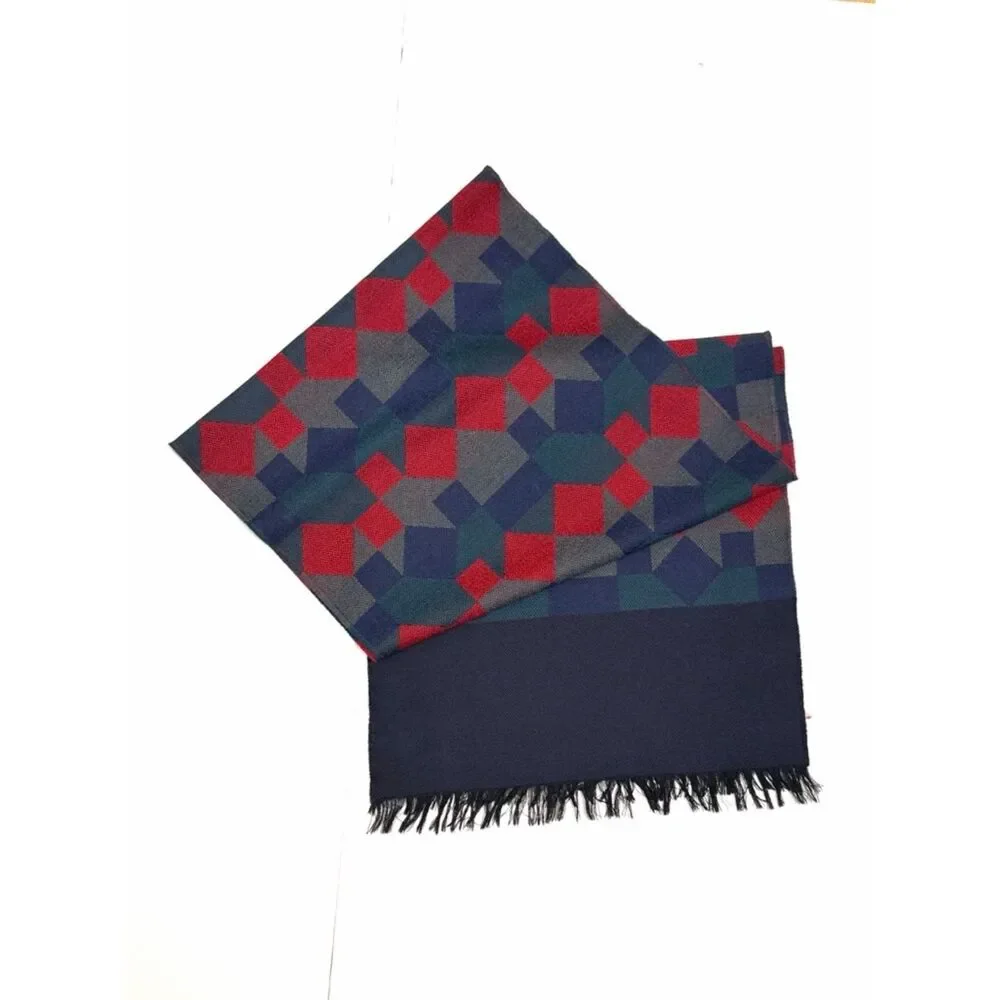 Vintage Wool Long Scarf Geometric Red Blue West Germany Men's Women's Winter